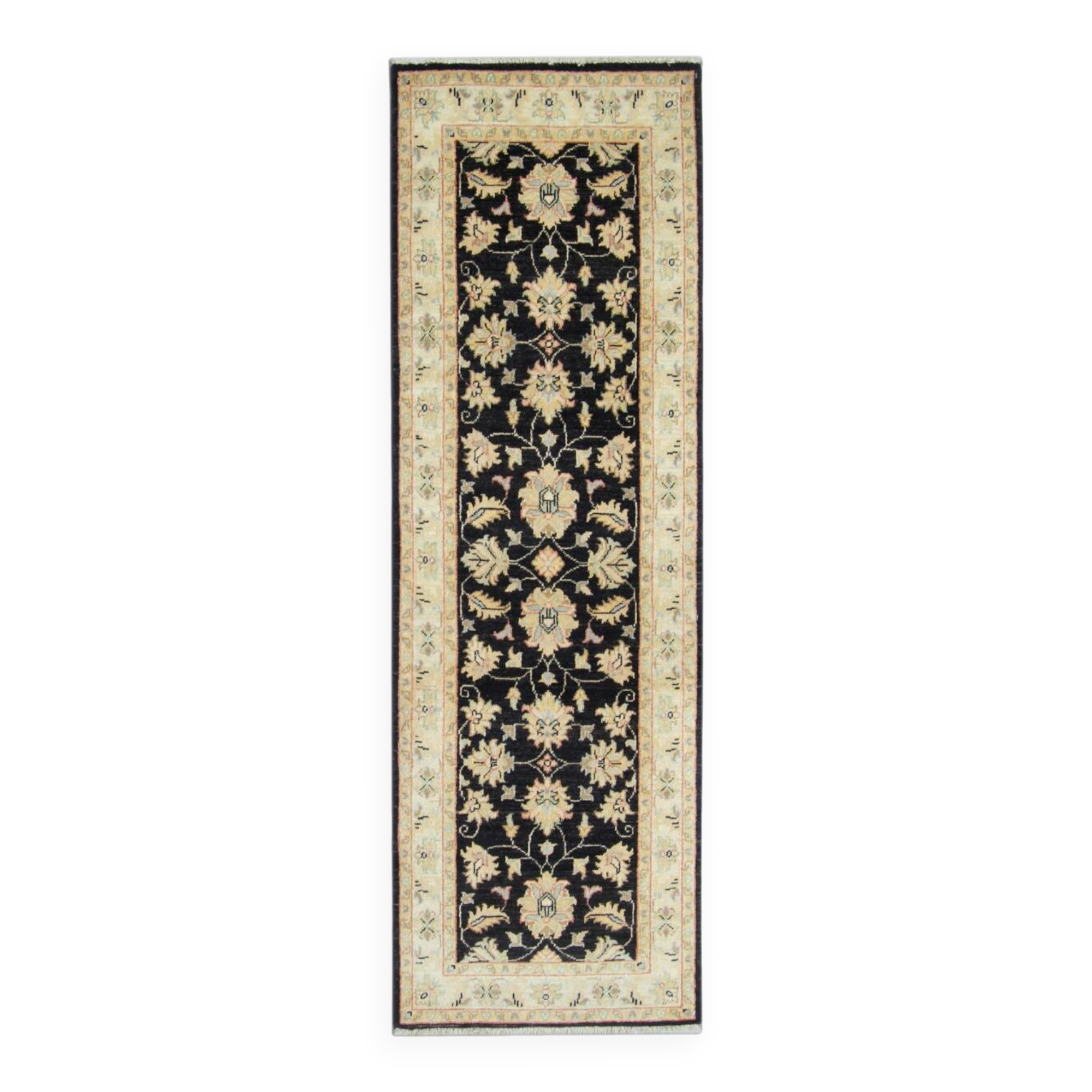 Black Wool Runner Rug, Handmade Floral Ziegler Hallway Runner 211 x 66 cm