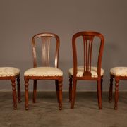 Upholstered damask table and 4 cherry chairs from the 80s
