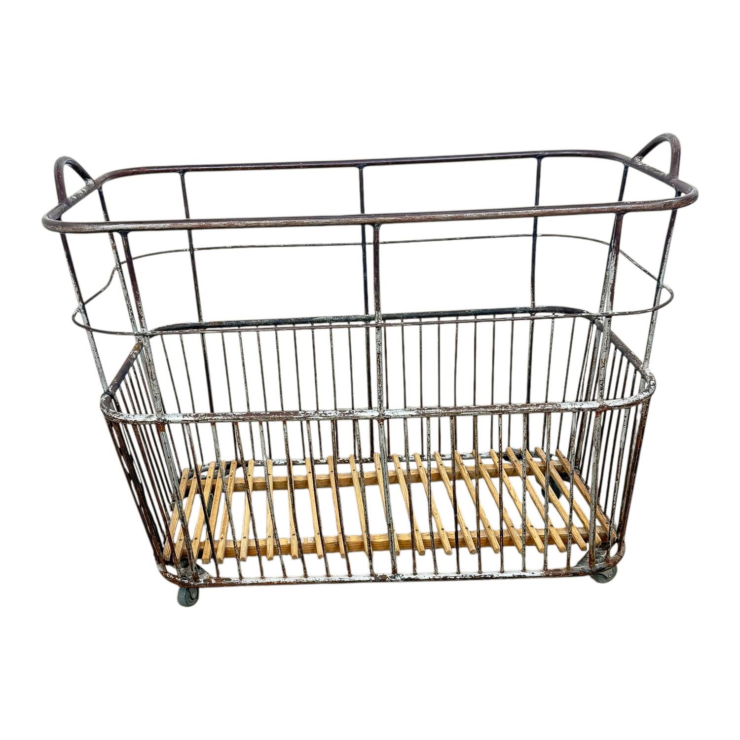 Vintage French Metal Bakery Cart long– Industrial Bread Trolley – Rolling L
