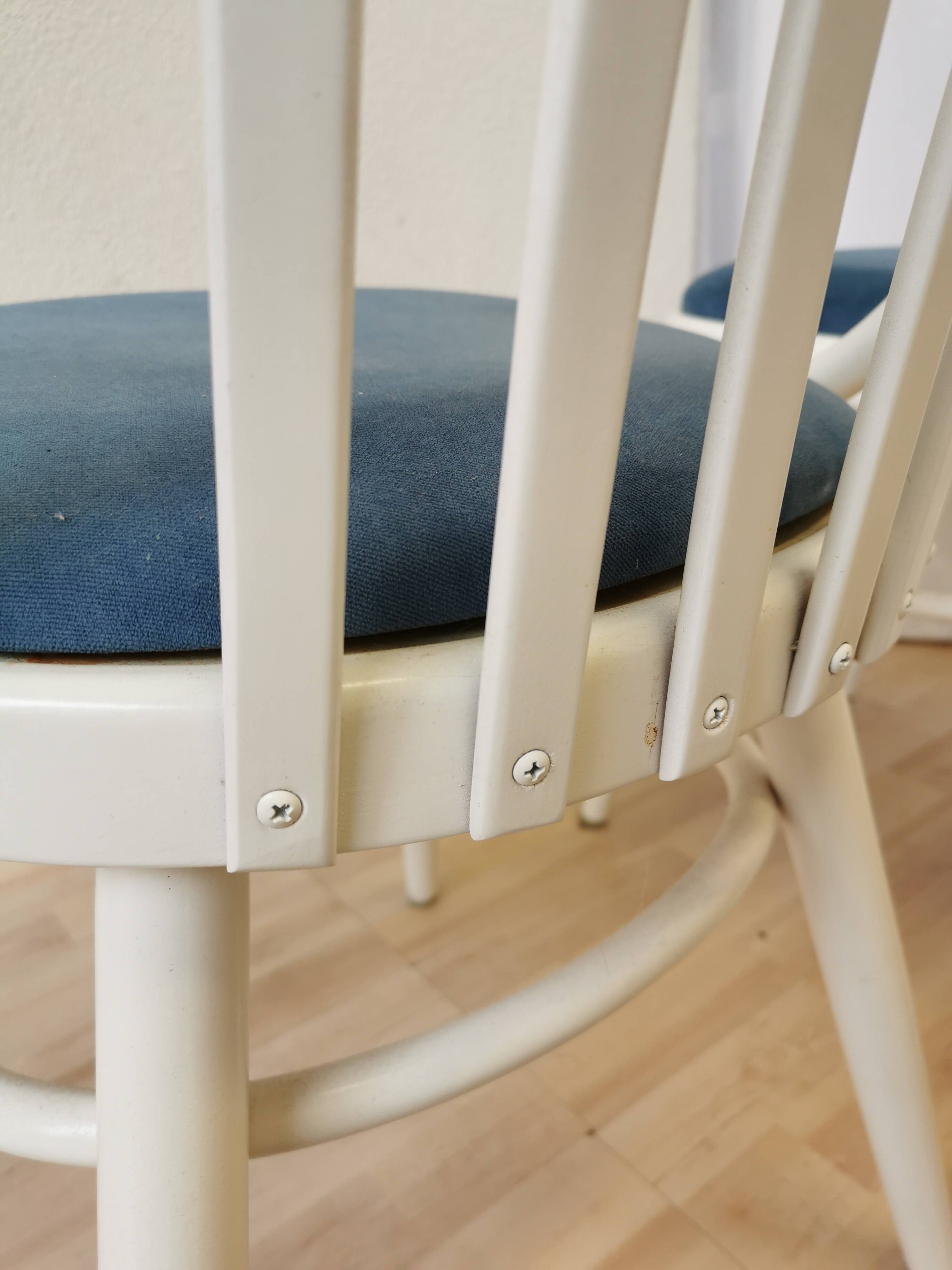 Set of 6 Vintage Bentwood Dining Chairs: White Ligna Style, Blue Fabric