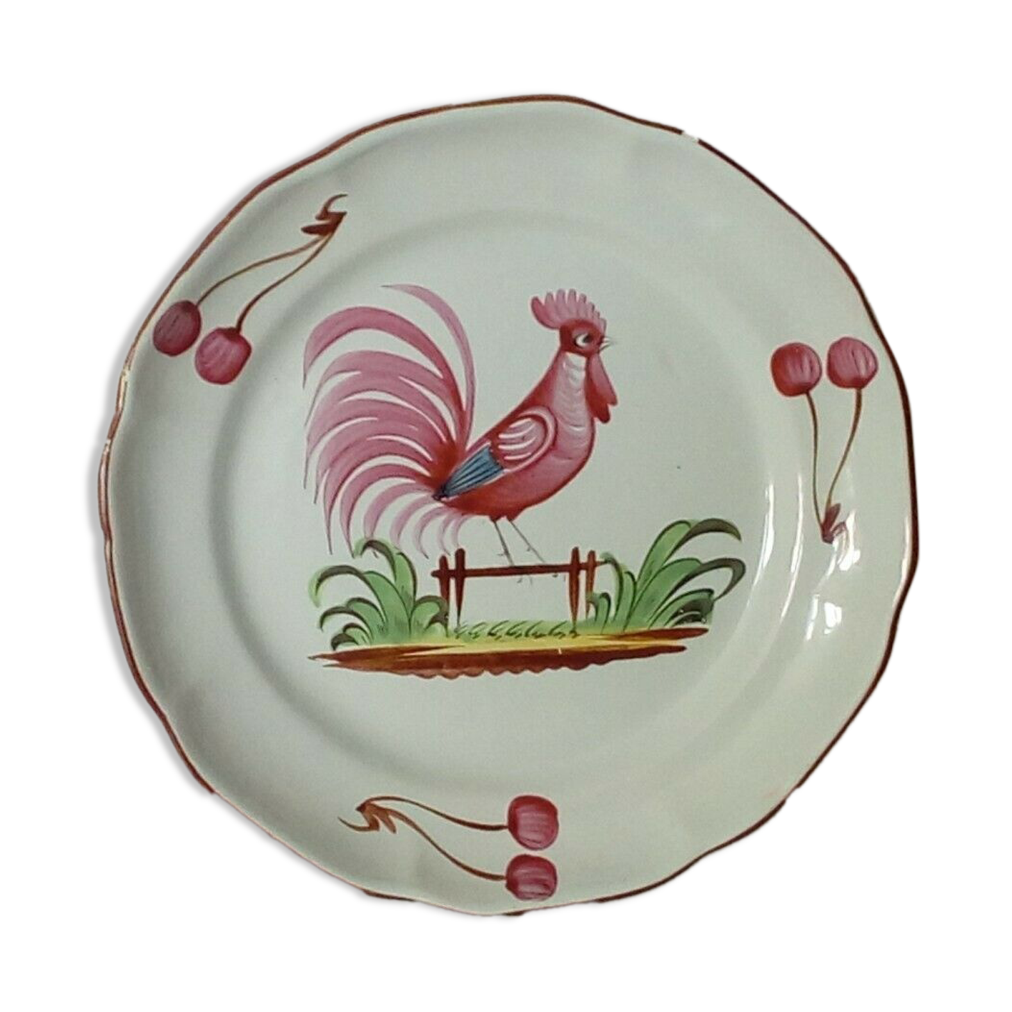 St. Clement Luneville decor plate with coqe a la barriere and cherries 19 eme