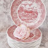 12 assiettes plates en porcelaine de fontebasso made in italy style "toile de jouy" en rose