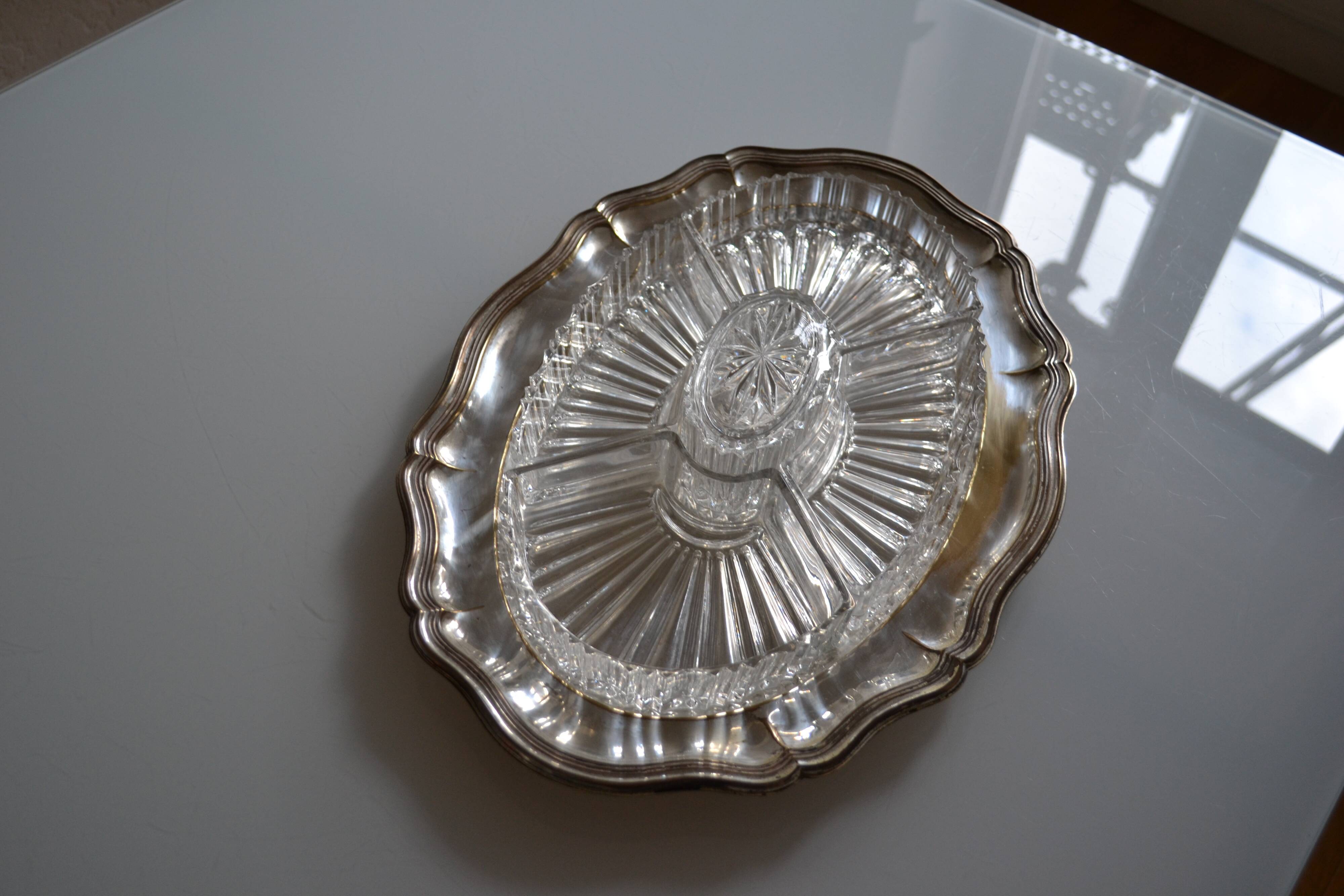 Silver-plated metal aperitif serving tray with HKE hallmark and glass.