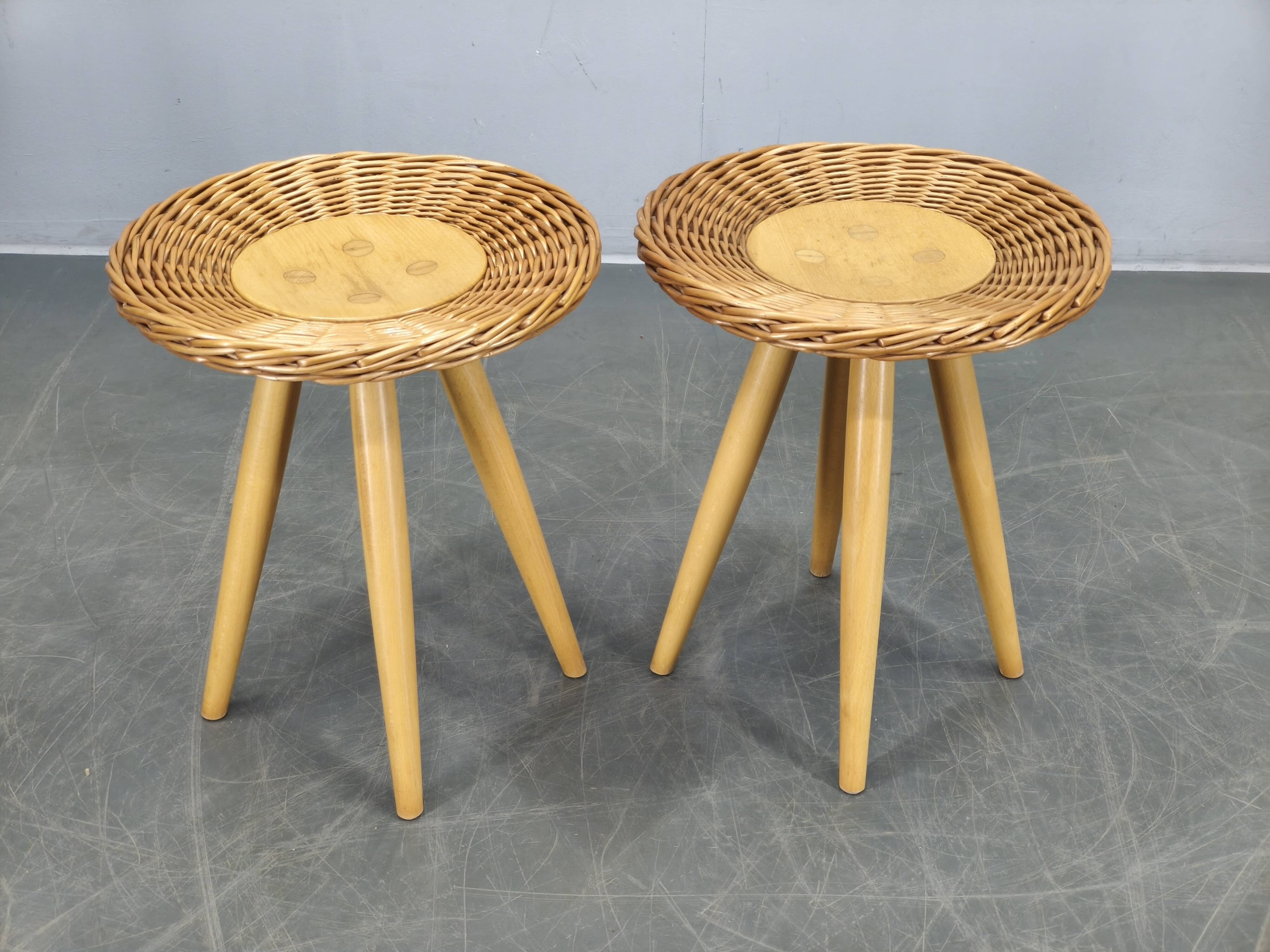 Pair of uluv rattan side tables by jan kalous, 1970s