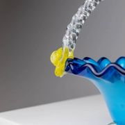 Blue Murano Glass Handle Bowl with Yellow Flowers - Vintage 1970s Italian Mid-Century Decor