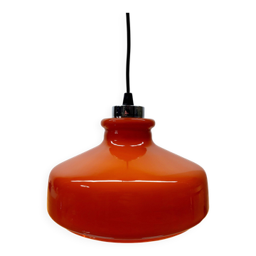 Suspension vintage en verre opalin orange avec finition chromée, années 60