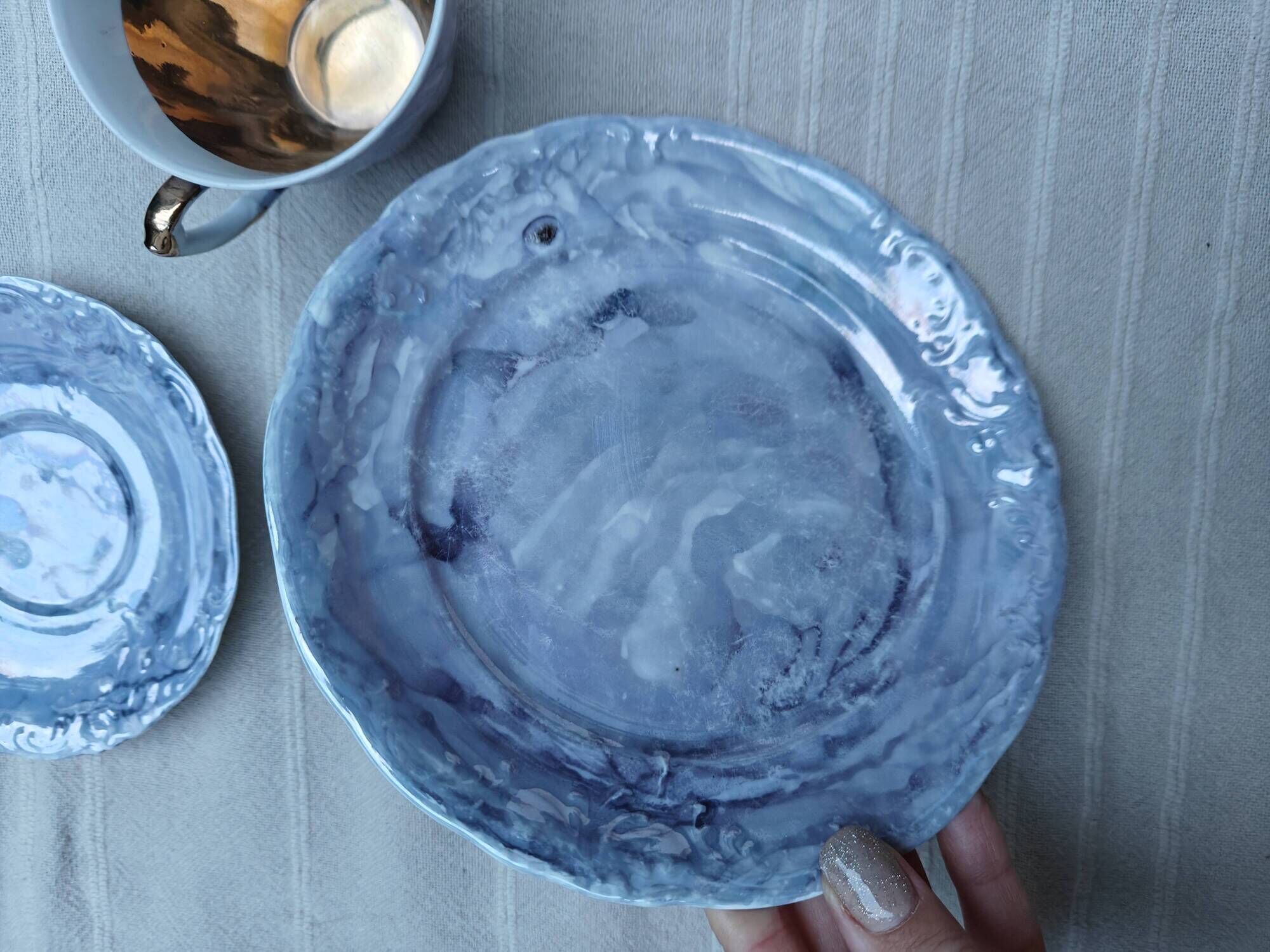 Vintage Marble Purple & Gold Interior Porcelain Coffee/Tea Trio -