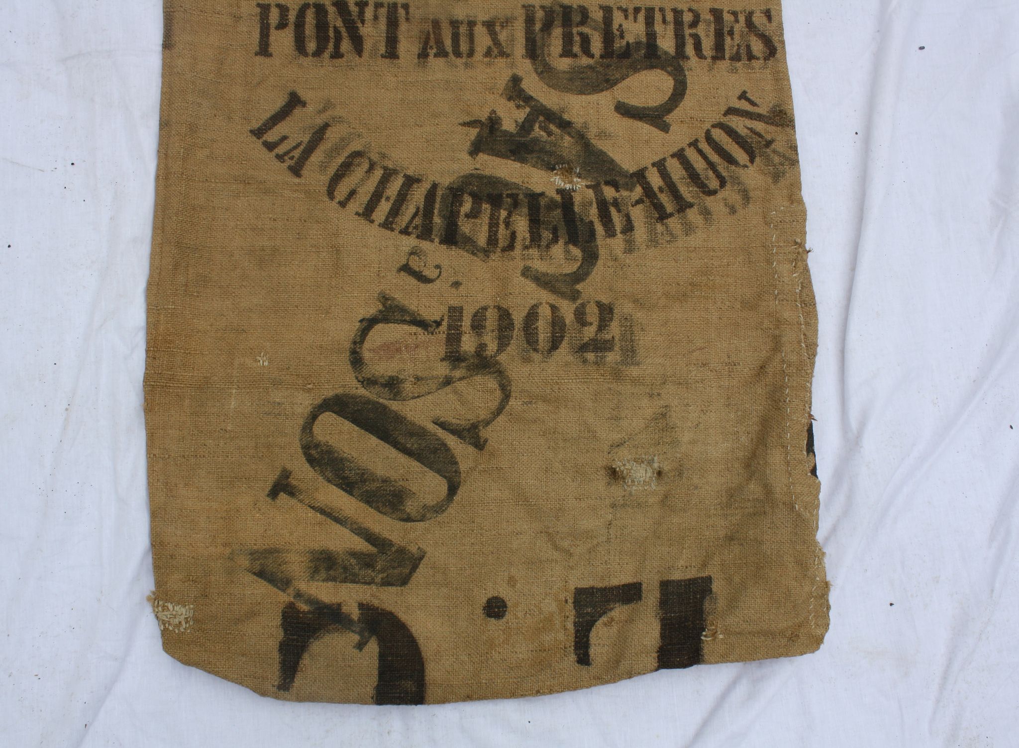 Canvas bag of former jute mill of the bridge to the 1902 priests