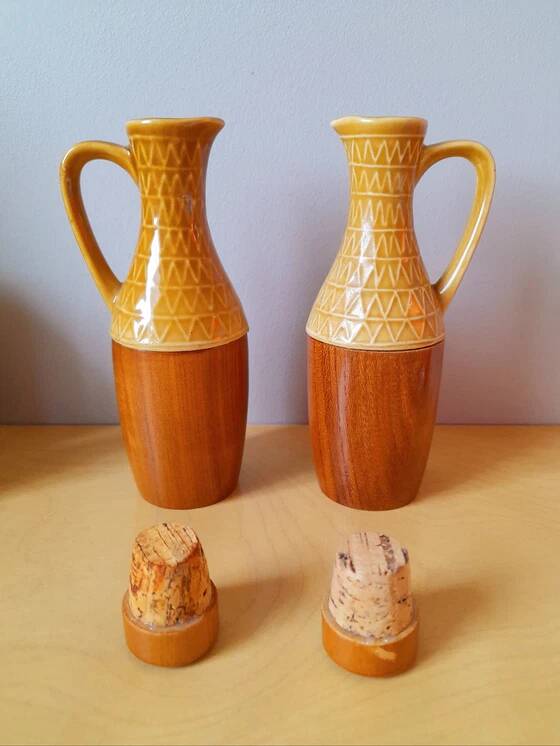 Condiment set, ceramic and wood, 1970