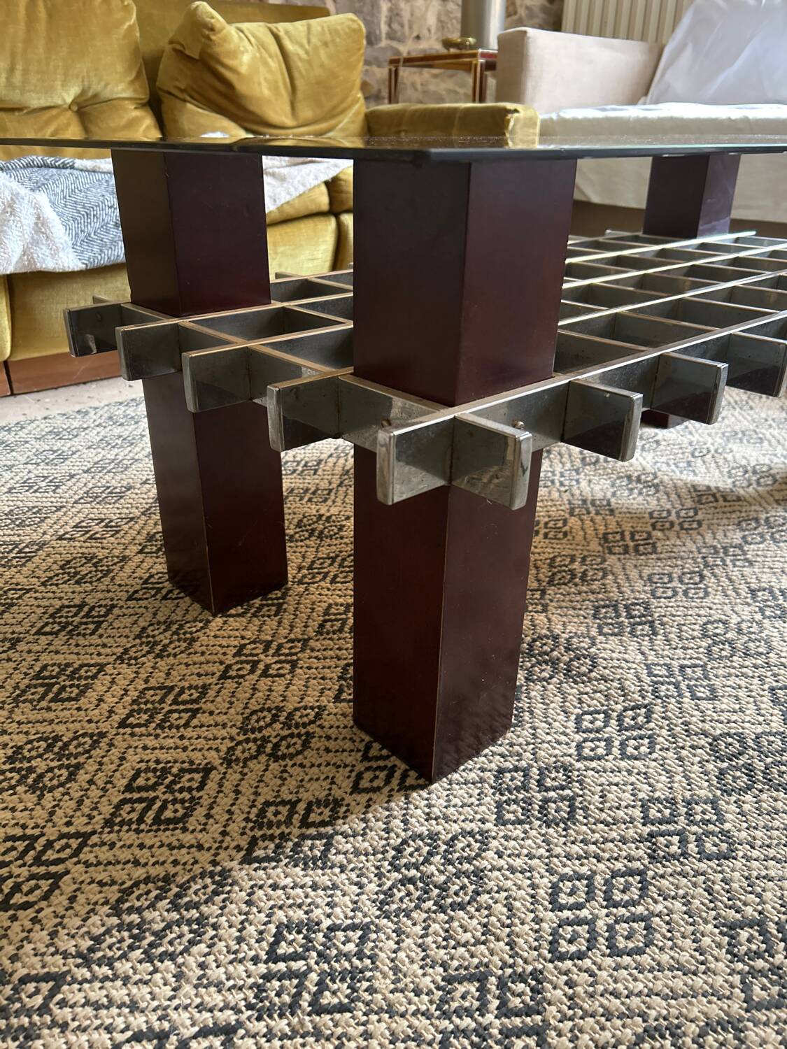Mid Century 60s 70s glass wood and chrome coffee table