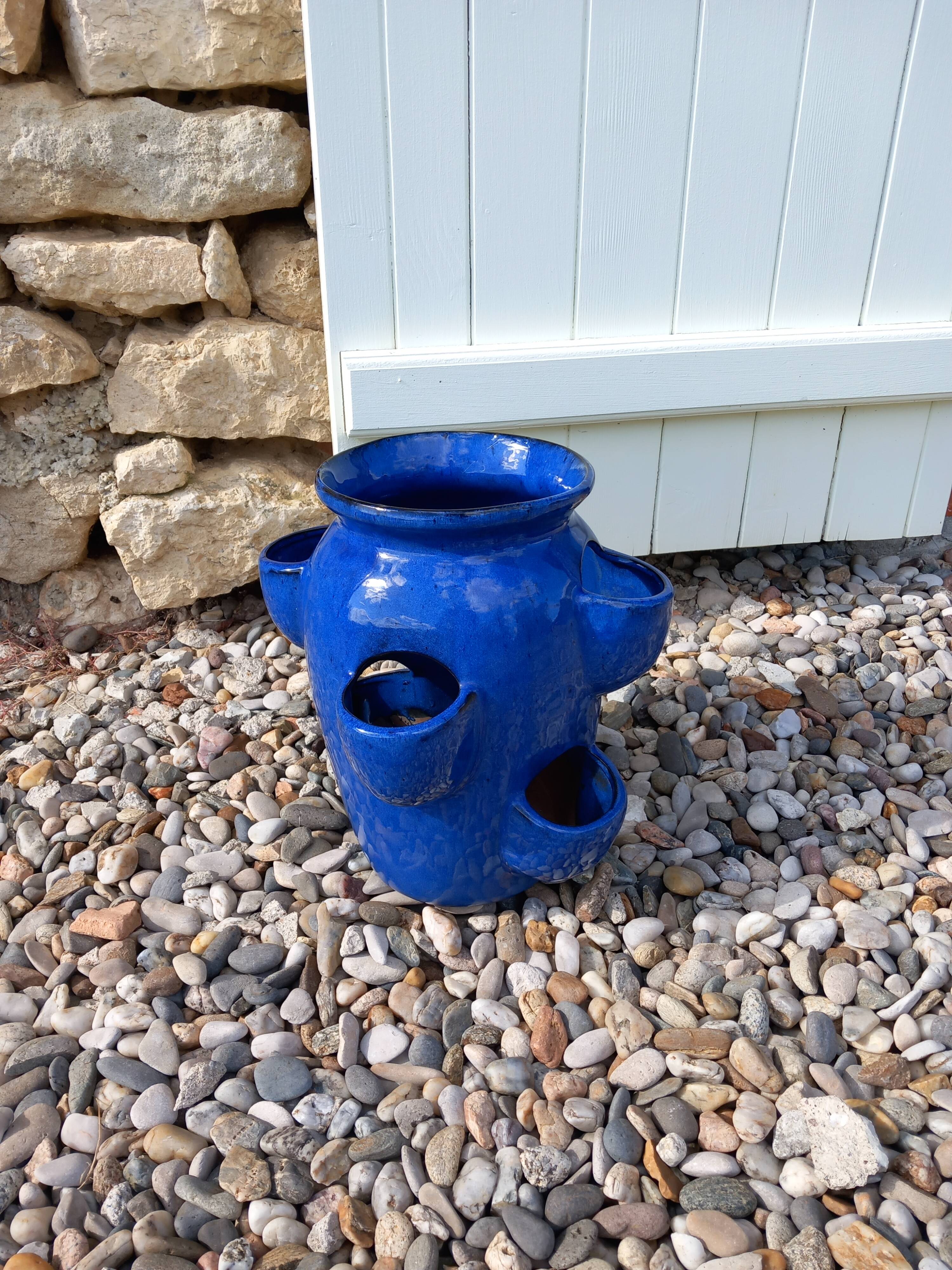 Blue glazed terracotta strawberry pot