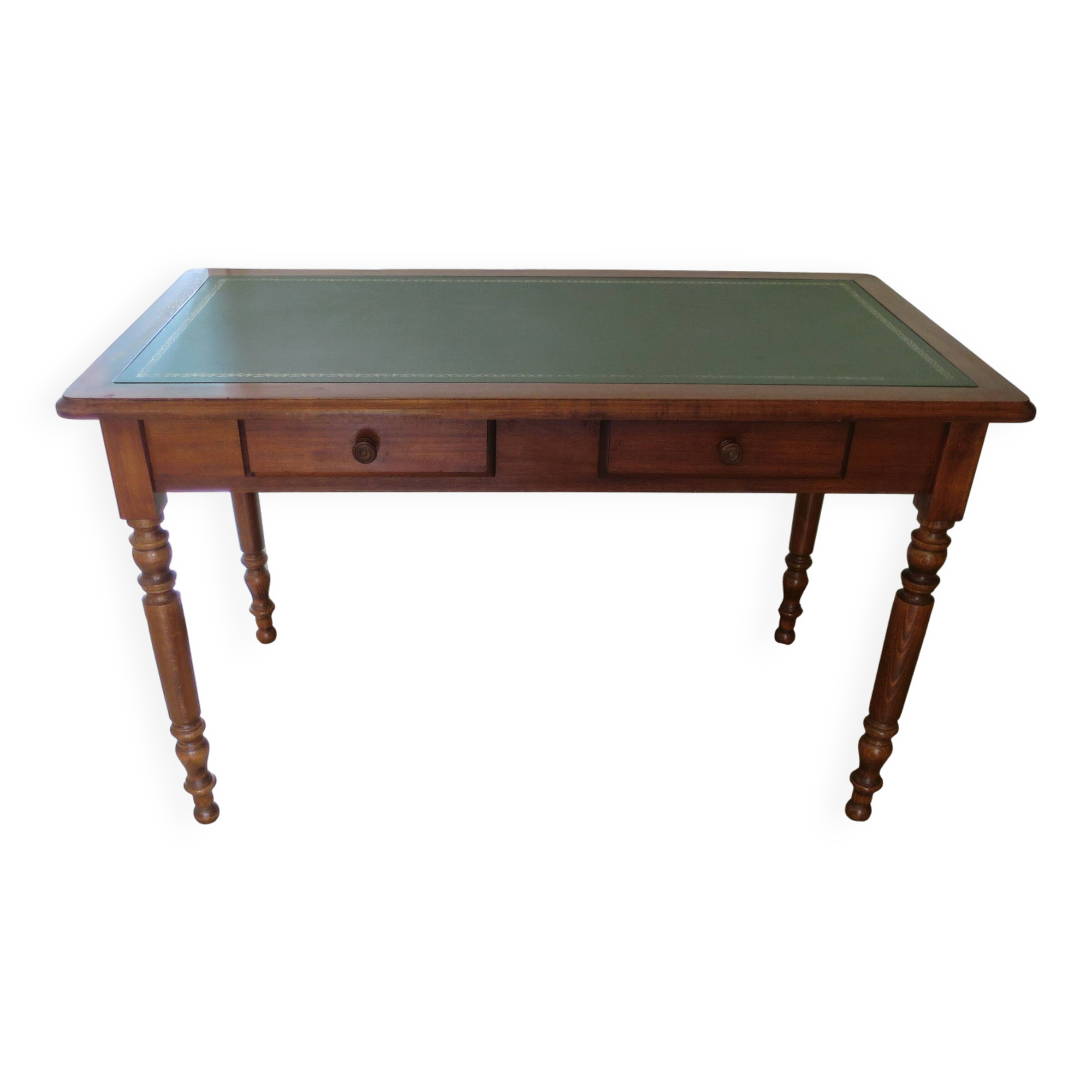 Minister's desk in Louis Philippe style – 2 drawers – cherry wood – green writing pad