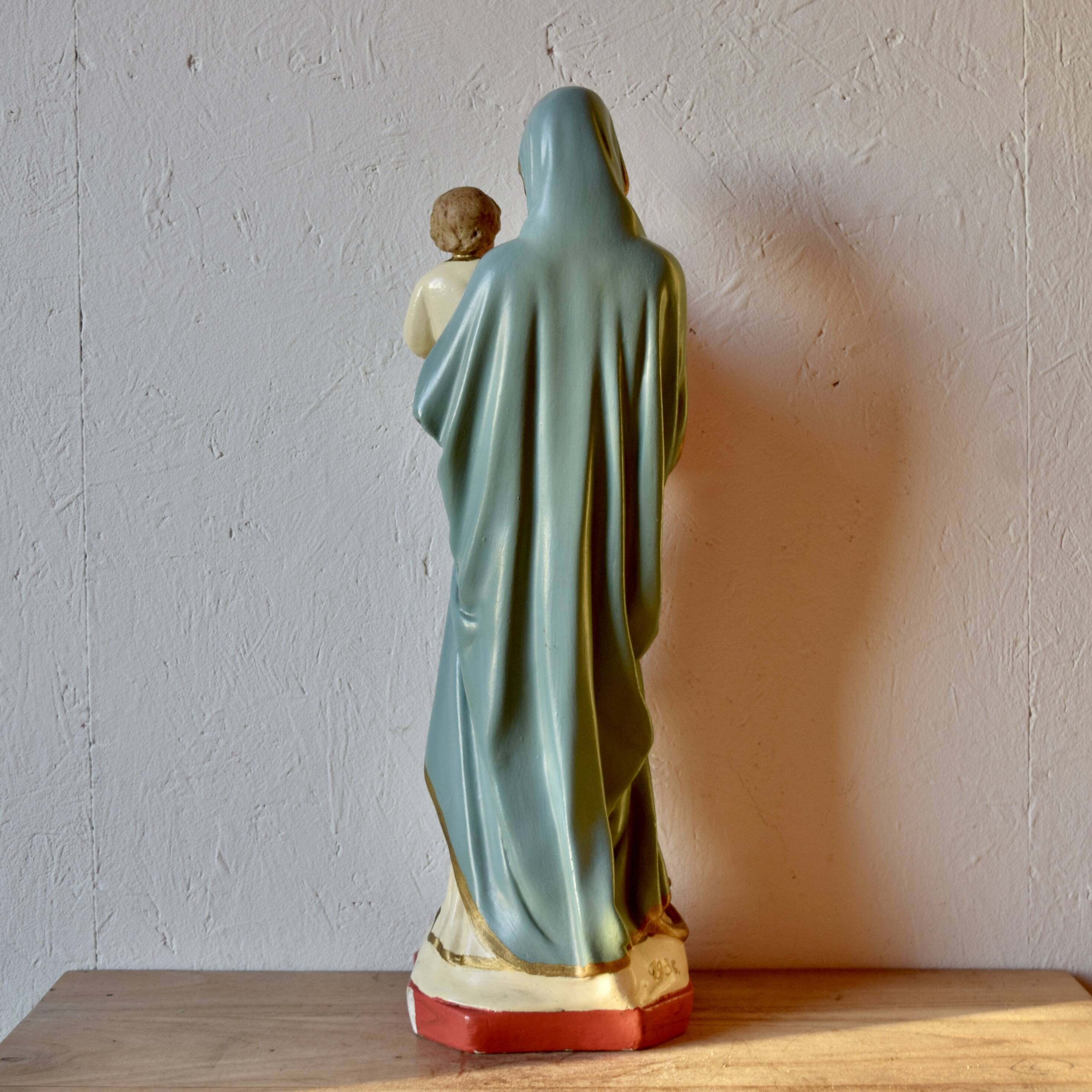Ancient plaster statue of the Virgin and Child Jesus - hand painted - 54 cm - 1936