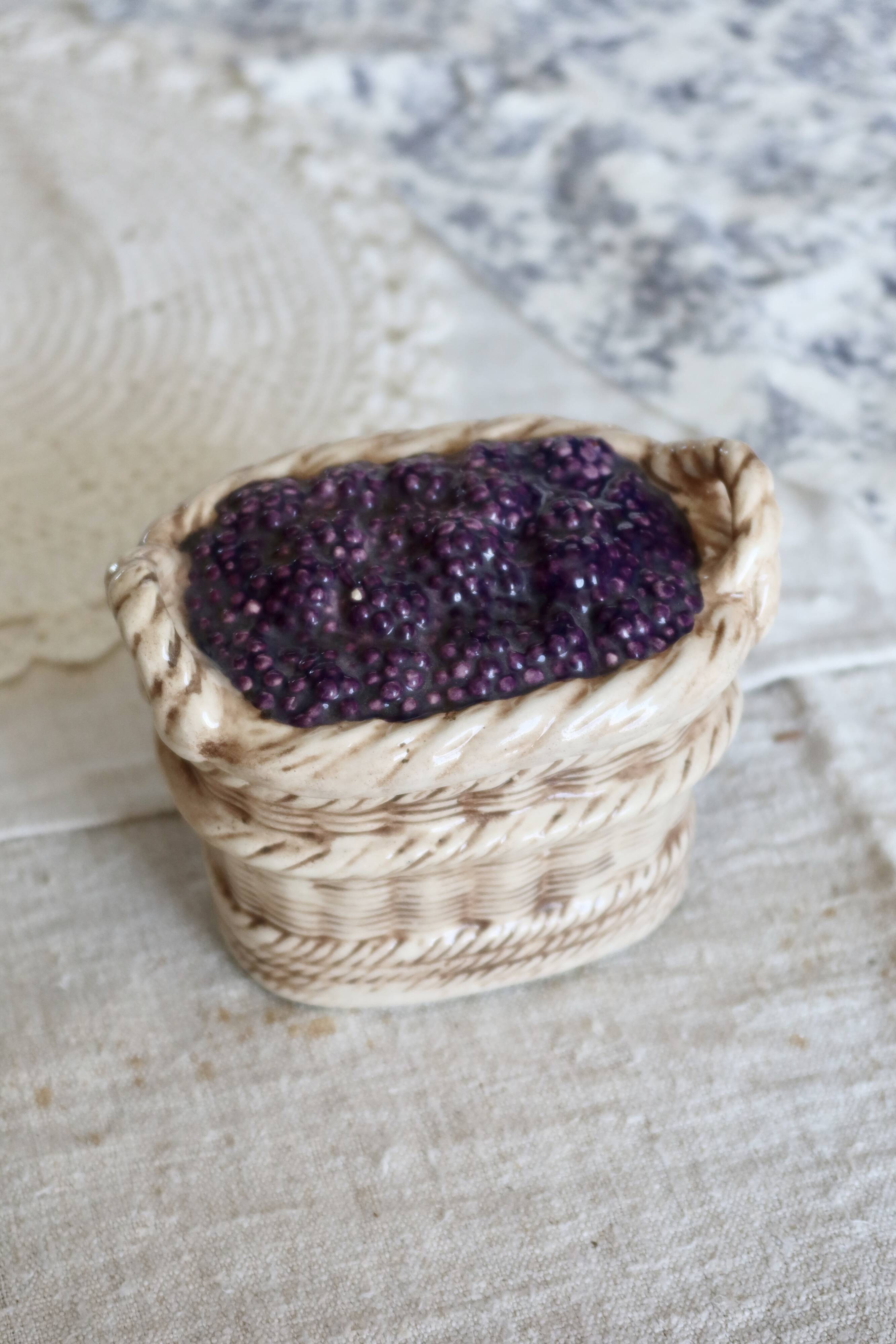Vintage sugar bowl / candy dish with blackberry basket in slip