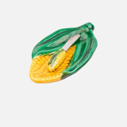 Vintage butter dish with corn cob design and its knife - Vallauris