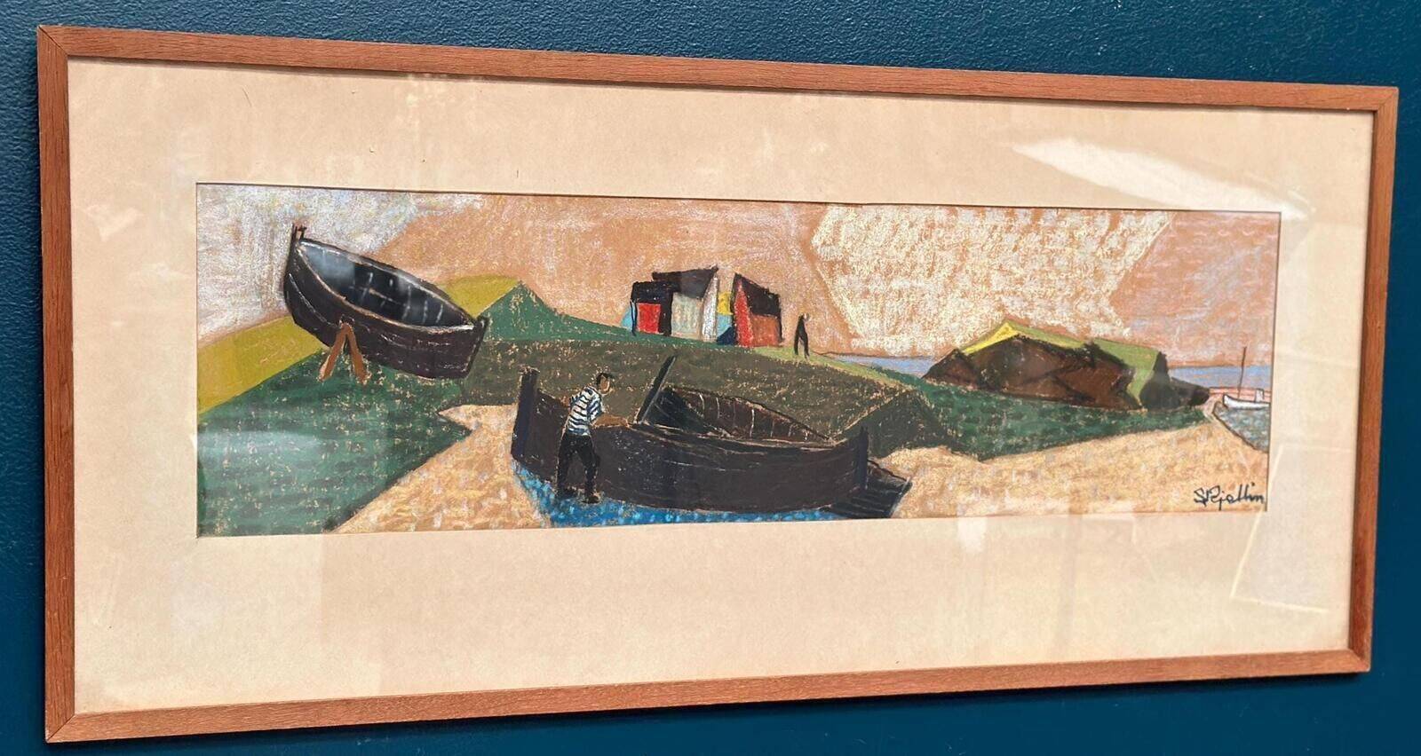 Œuvre d'art scandinave émaillée sur panneau, encadrée – Rivage par S. Rjellim