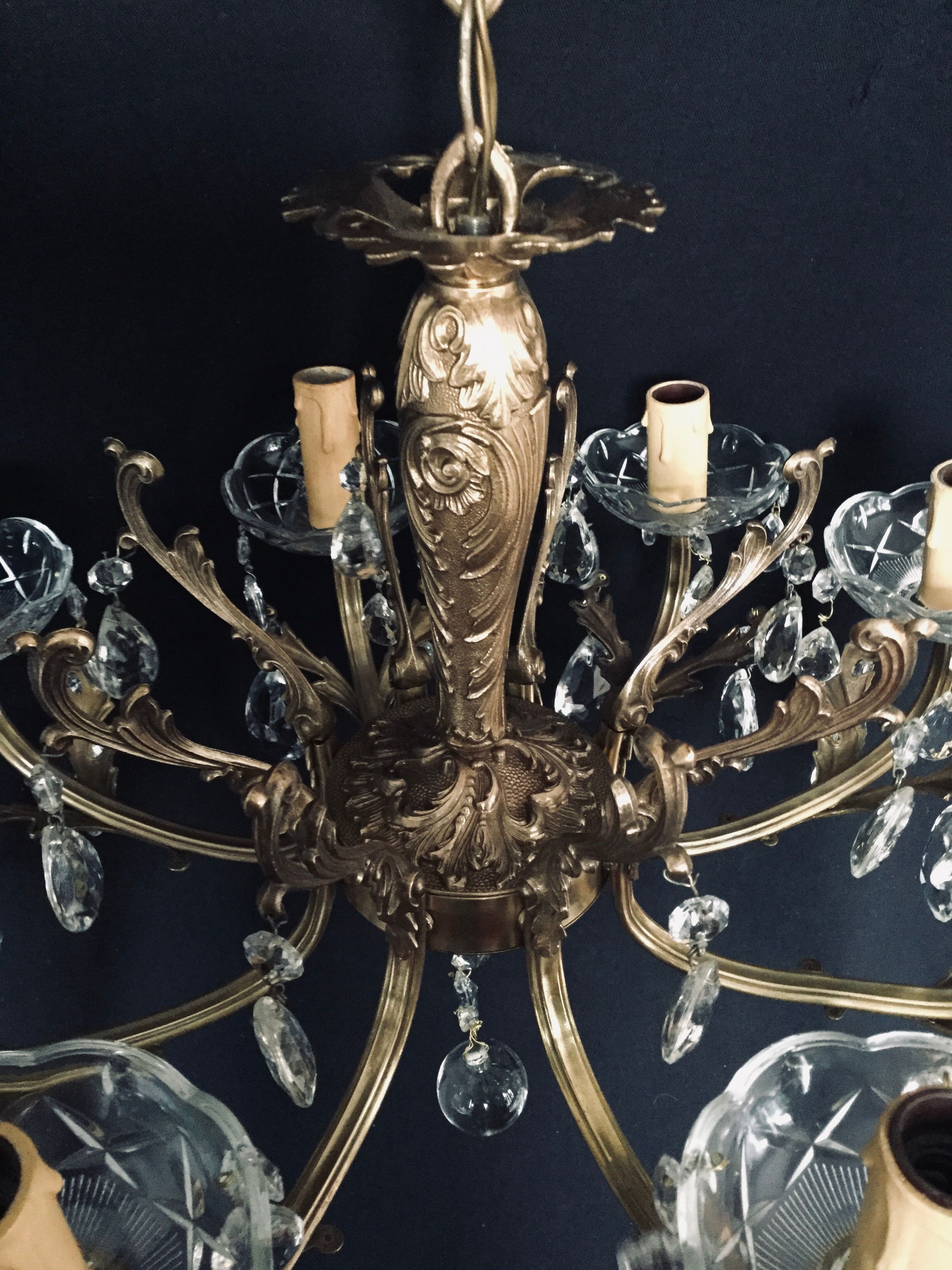 8 lights, crystal, bronze and brass chandelier