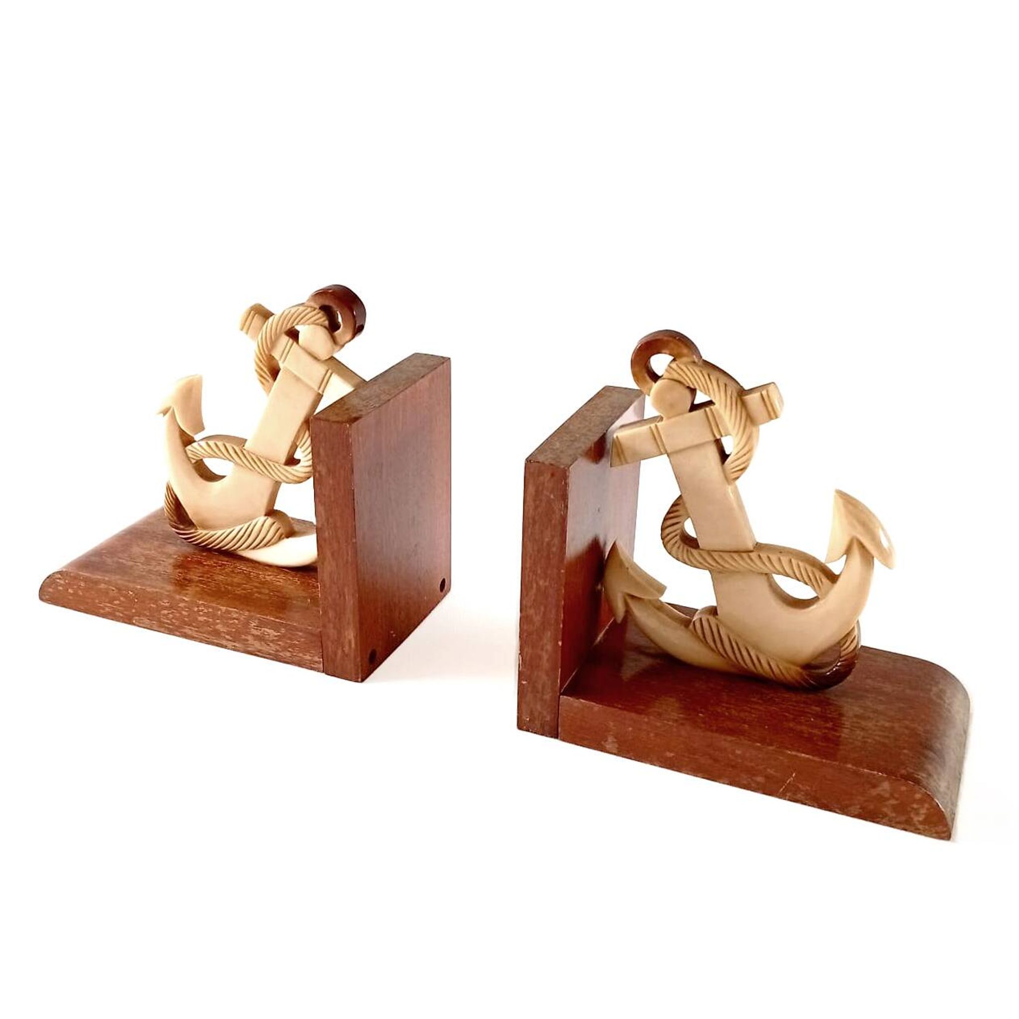 Wood and Bakelite bookends with marine anchors