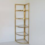 Vintage 1970s gold metal and plexiglass corner shelf
