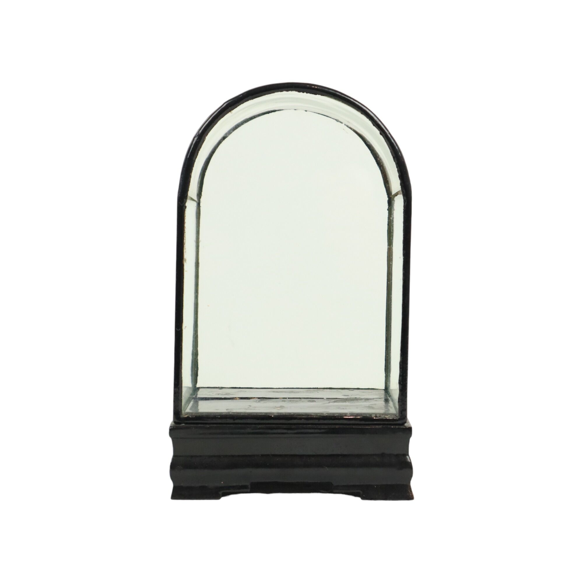 Small ancient chinese bell jar display curved glass black wooden base 21cm