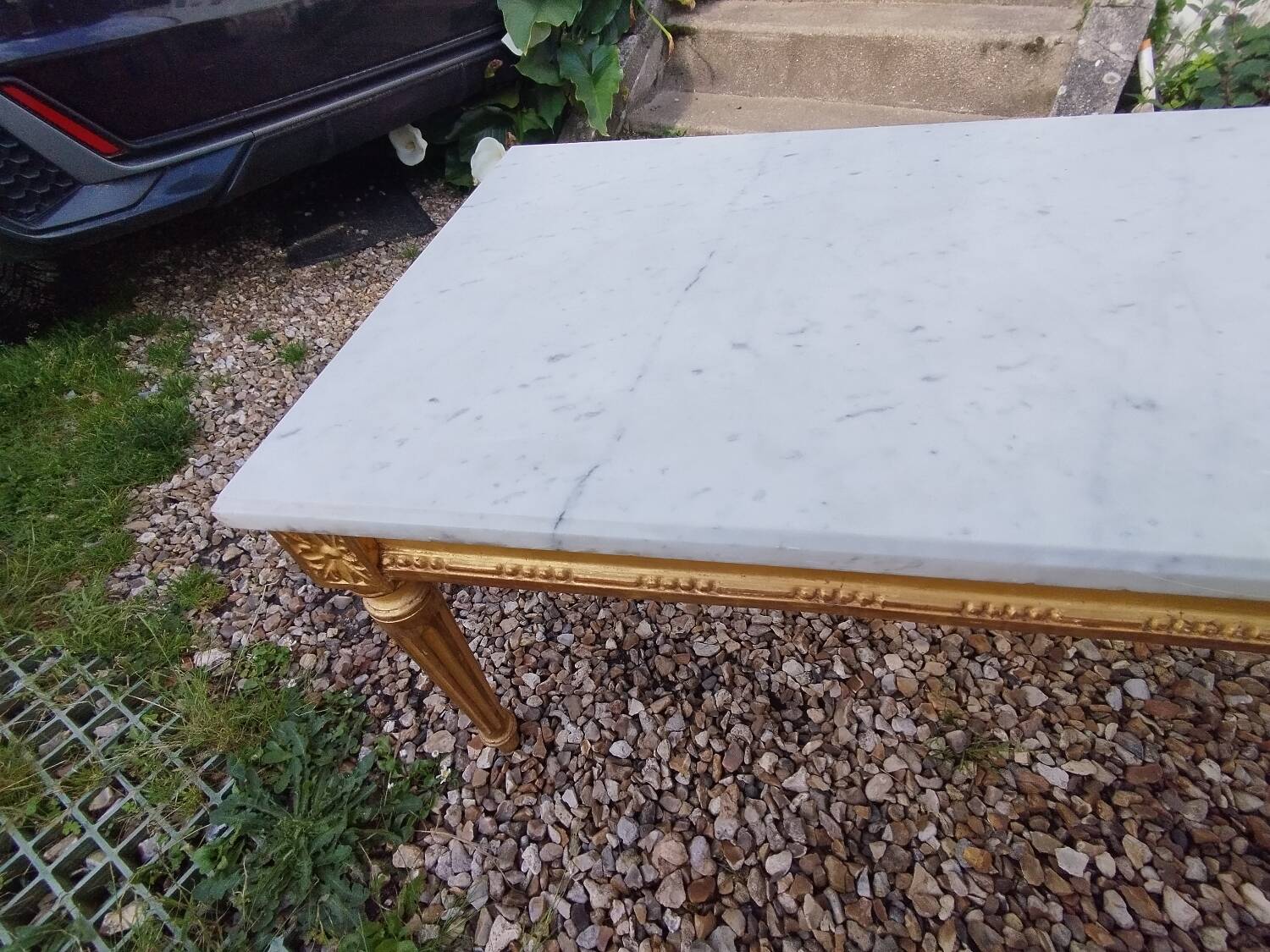 Louis XVI style coffee table in old gilded wood with marble top