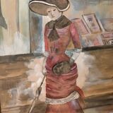 Grande Aquarelle Encadrée - Une Élégante - Signée période 1900
