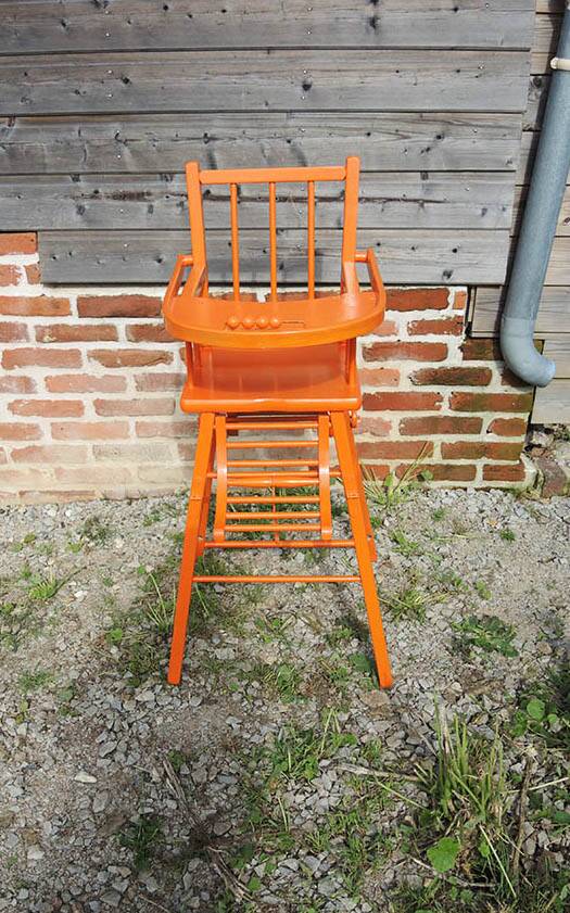 Old Baby High Chair in Orange Painted Wood