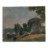 Oil on canvas dovecote on the edge of a stream by A. Viavans