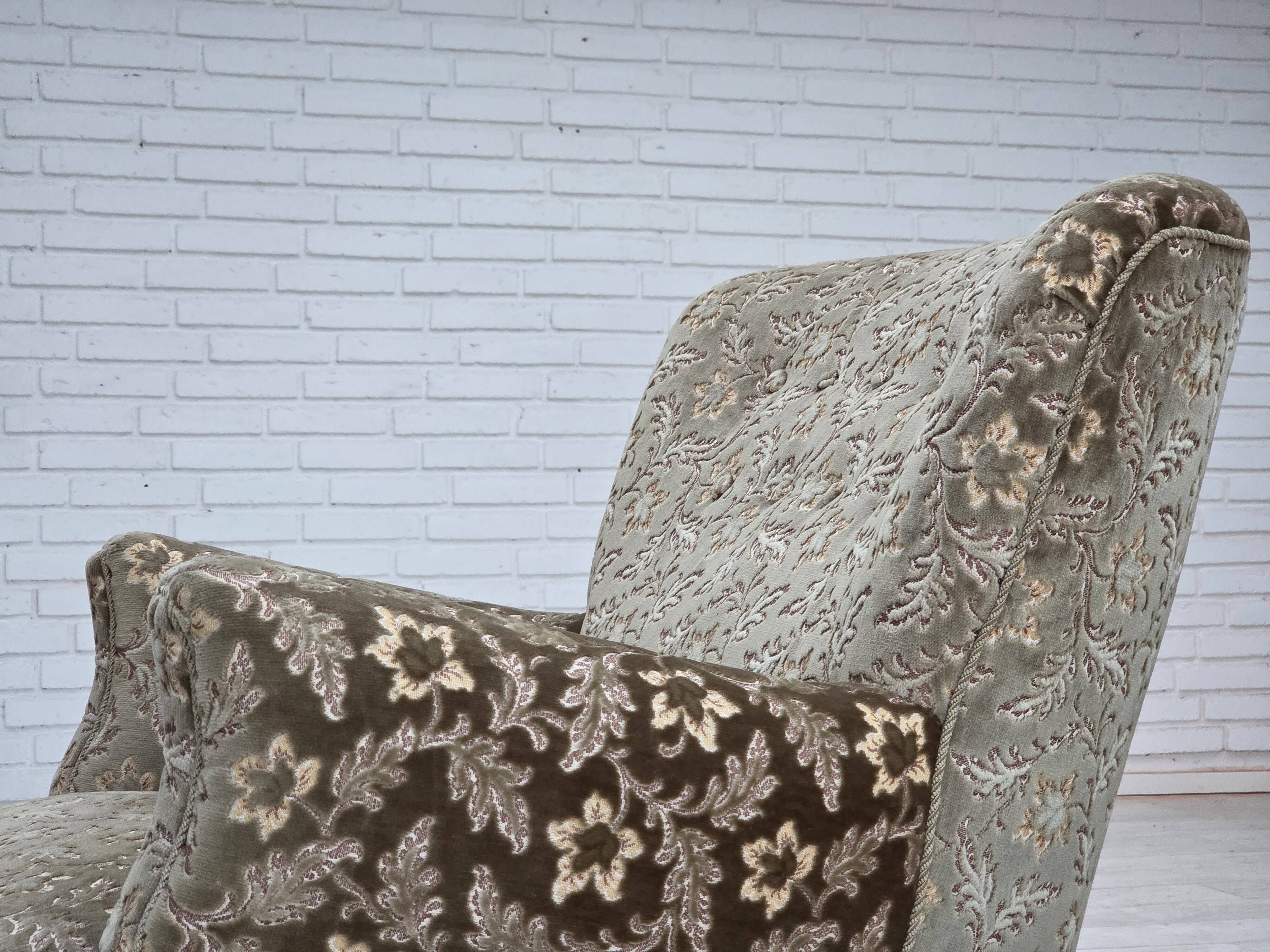 1960s, Danish armchair, light green furniture velour, teak wood legs.