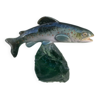 Ceramic trout on glass rock, 1950s, signed