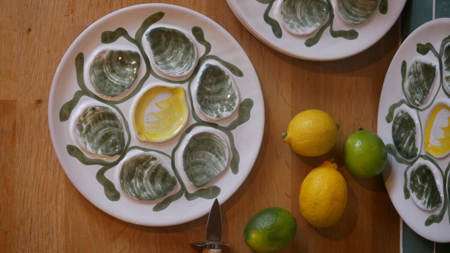 Set of 4 Belon earthenware oyster plates – 25 cm – yellow & green