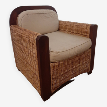 Large armchair in woven rattan and wood - vintage