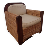 Fauteuil en rotin tressé et bois - vintage