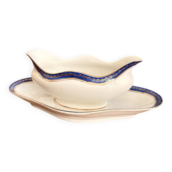 Ancien Saucière Porcelaine Blanc Bleu Limoges Doré Betoule Legrand