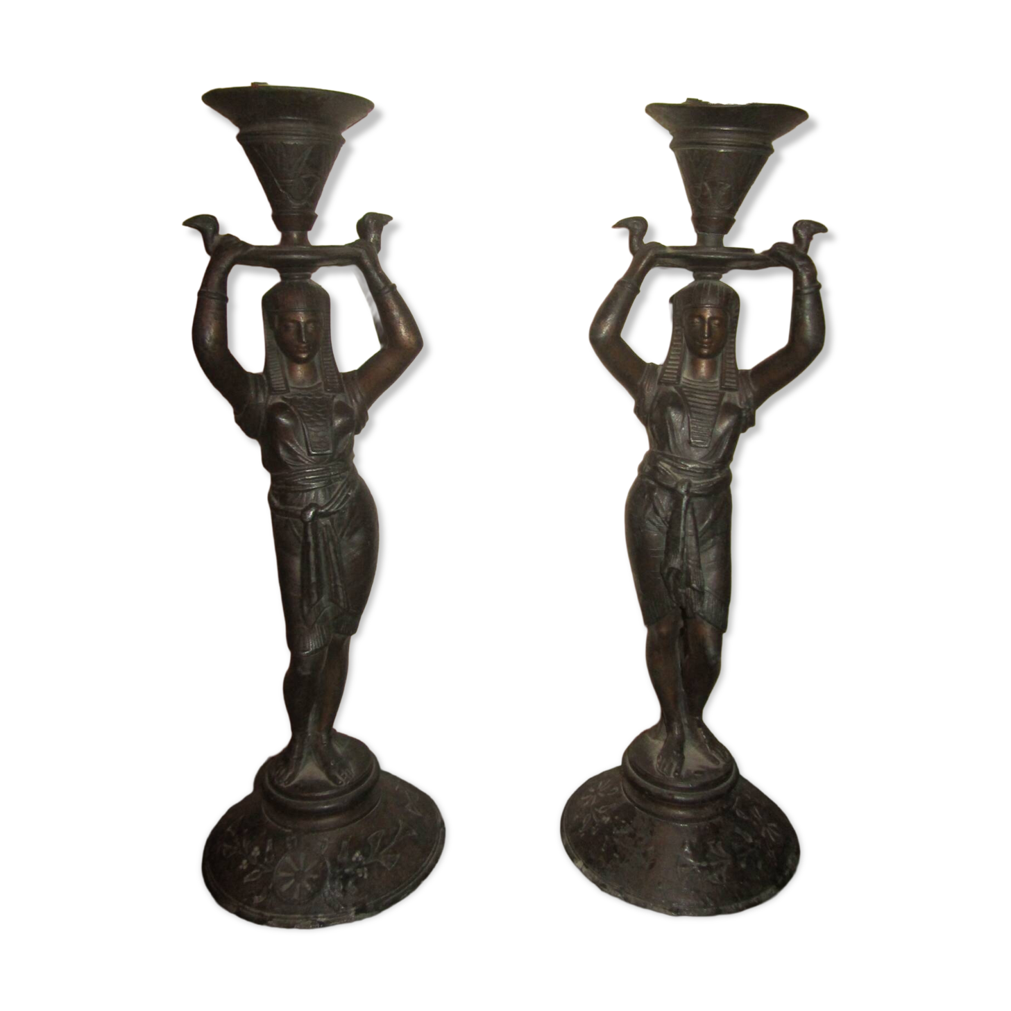 Pair of antique Egyptian-style spelter torches.