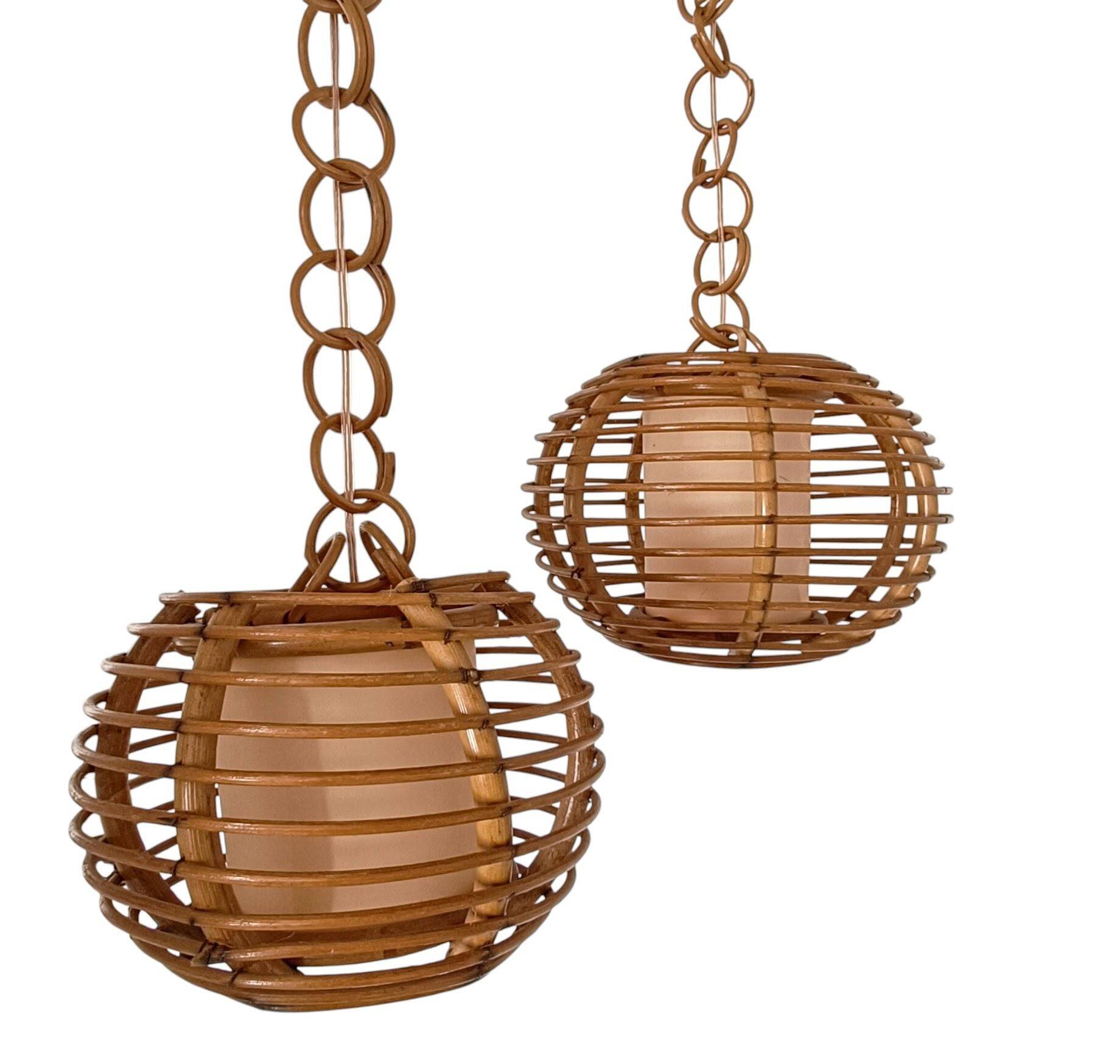 Mid-Century Globe Pendant Lamps, Bamboo & Rattan, c. 1960s
