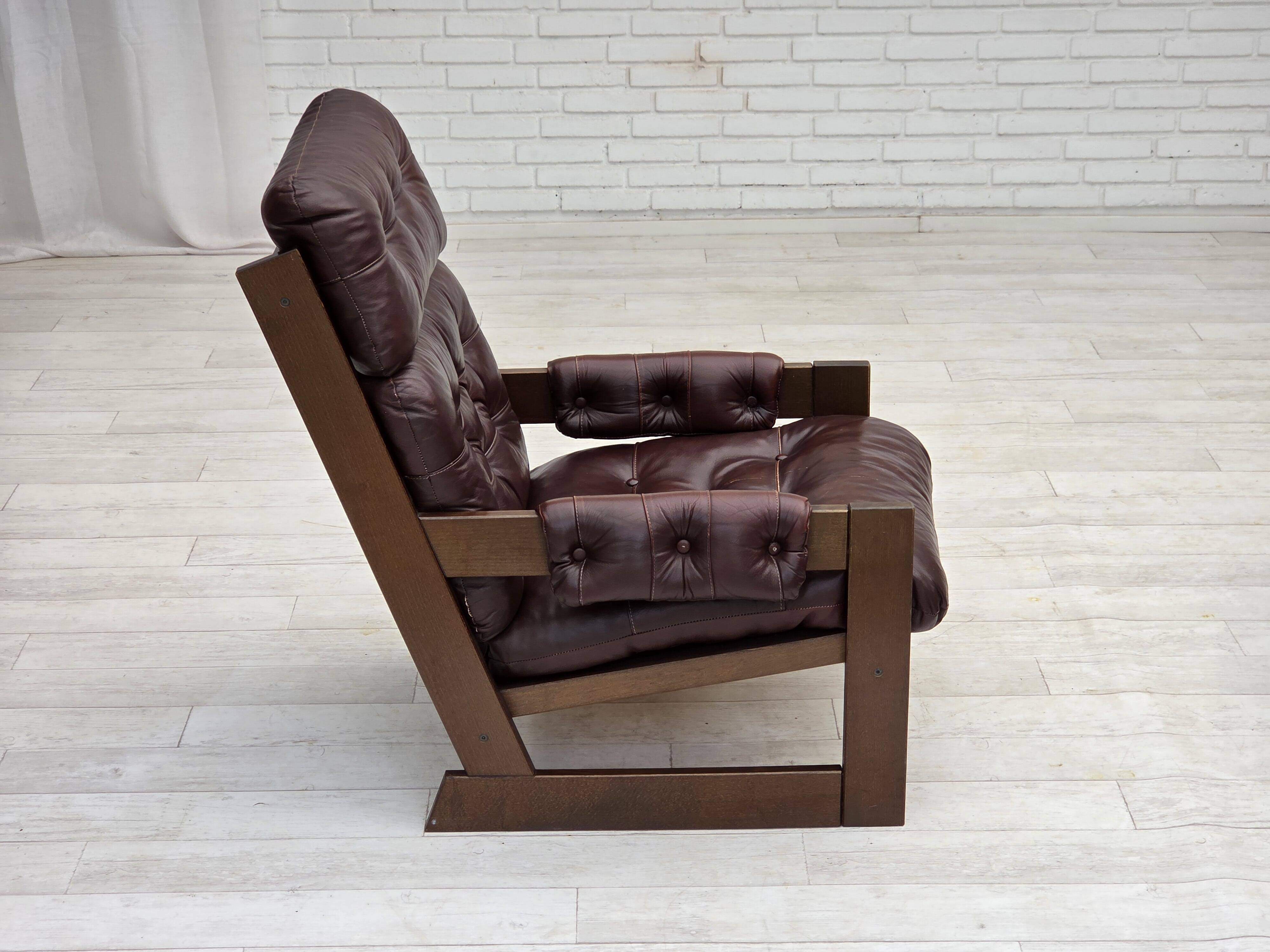 1970s, Scandinavian highback armchair, brown furniture leather, dark beech.