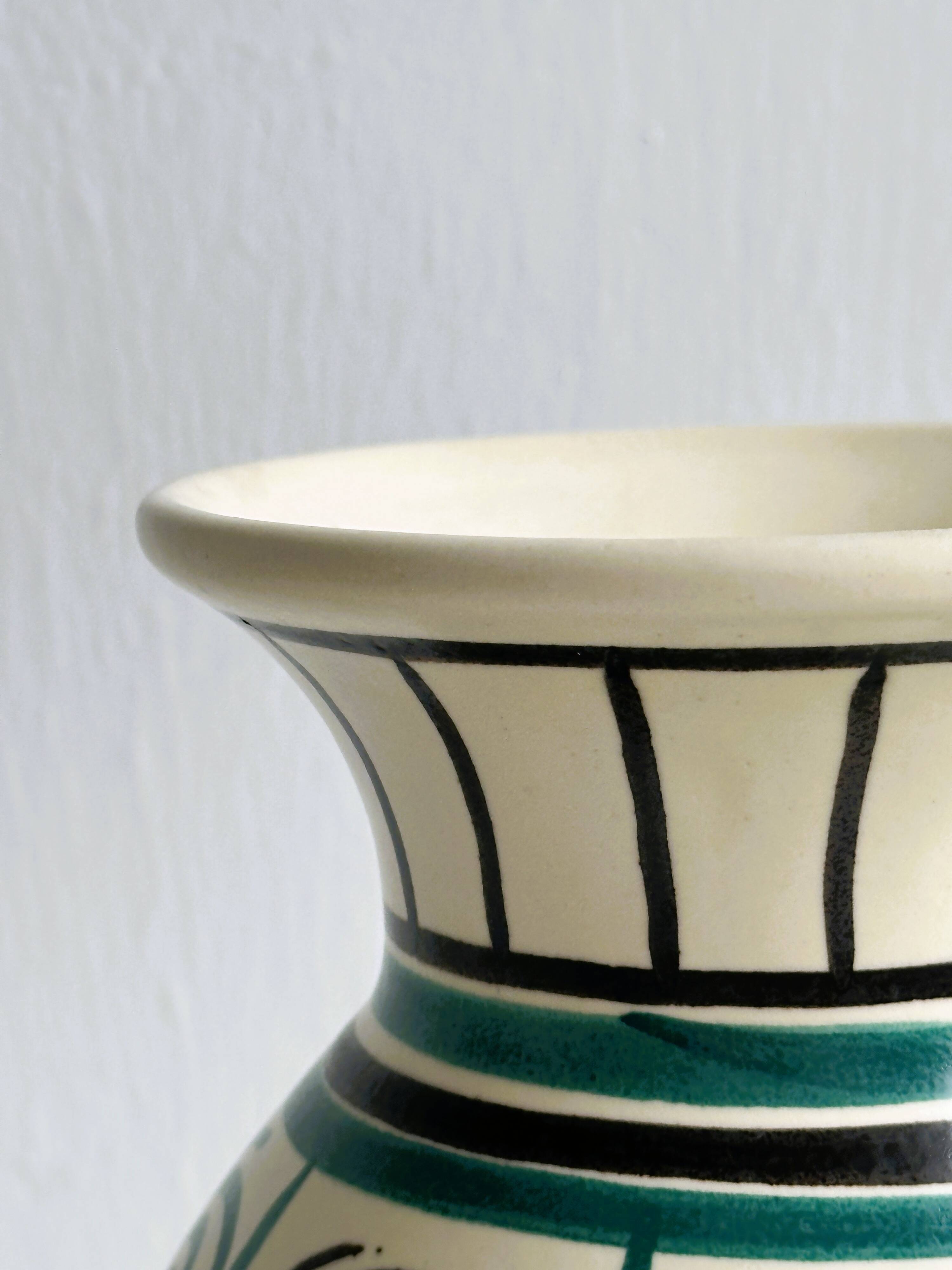 Old handmade ceramic vase, Punter style geometric ornaments.