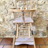 Vintage high chair for children, wood and mauve