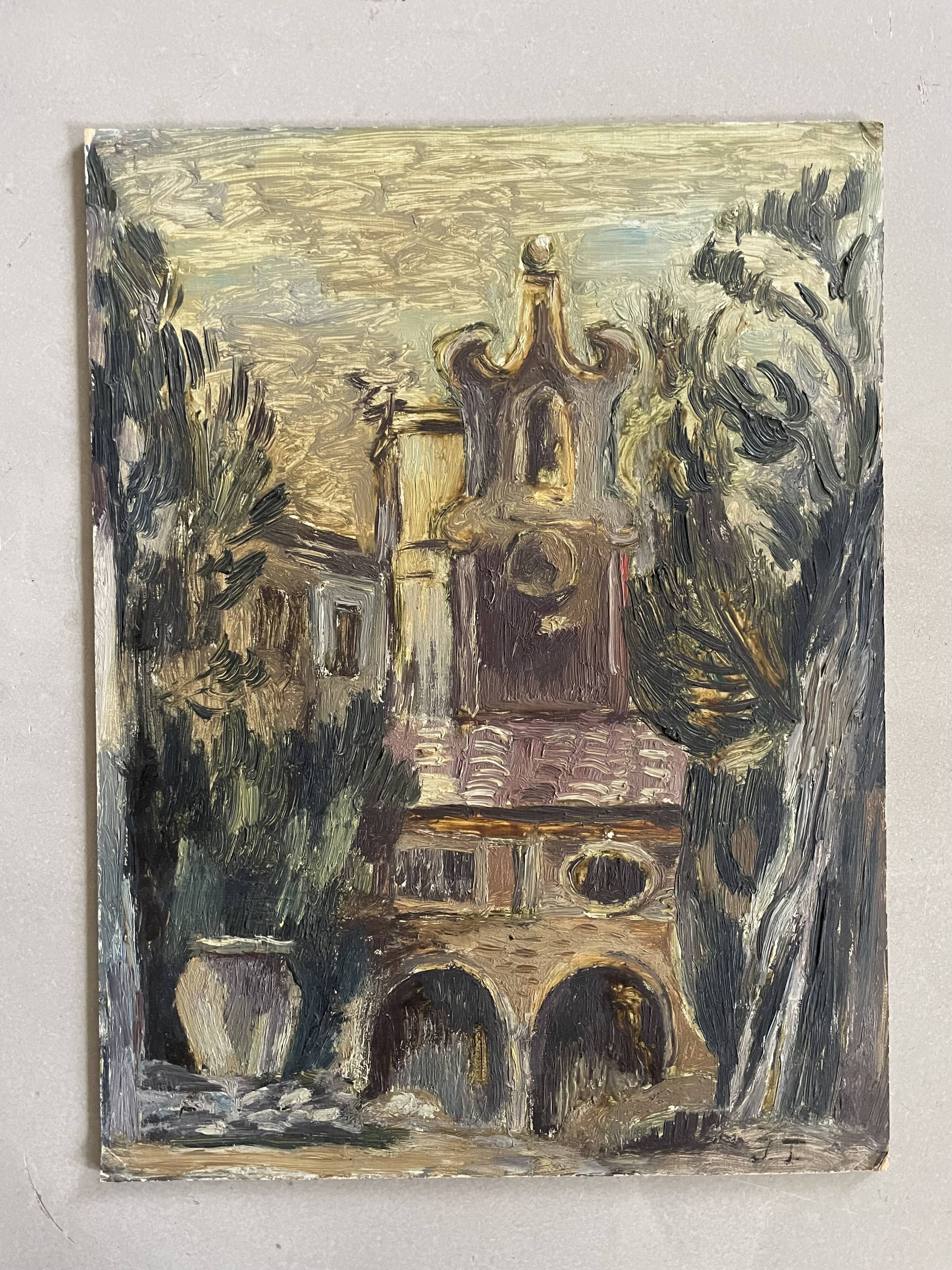 Tableau ancien, église baroque sur carton