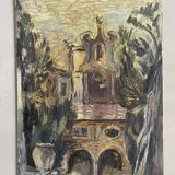 Old painting, baroque church on cardboard