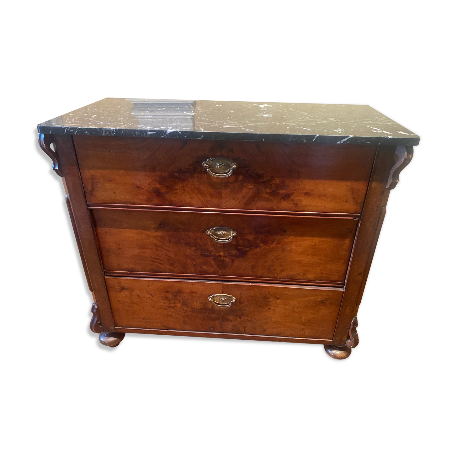 Chest of drawers 3 drawers in walnut top marble style Louis philippe
