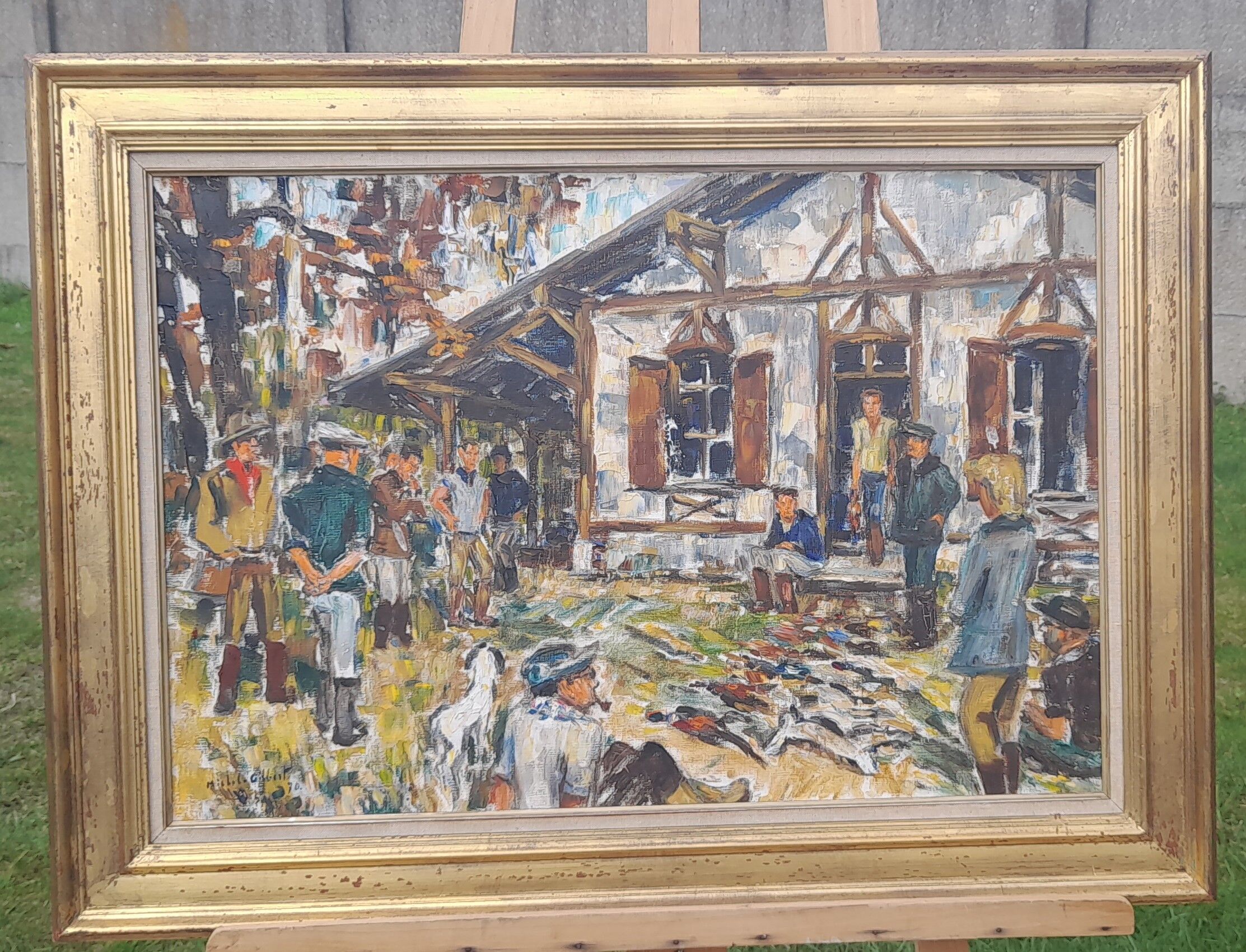 Oil on canvas framed hunting return Michel Gilbert 50 X 73 cm