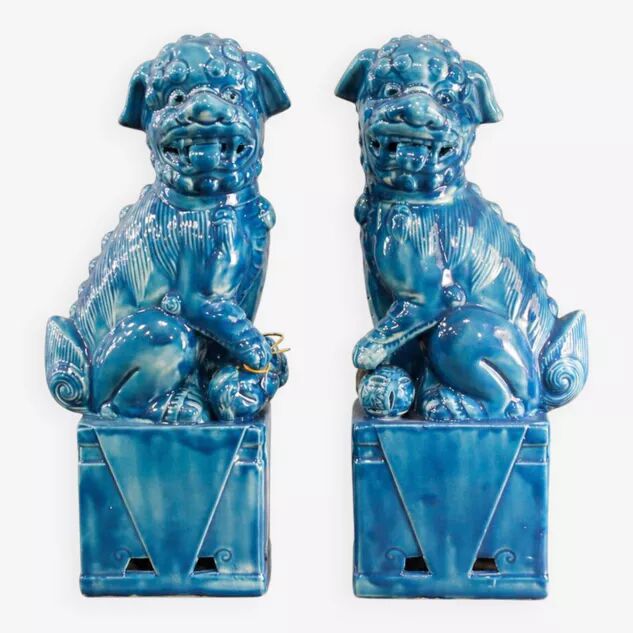 Pair of Foo dog bookends in turquoise glazed ceramic, Manises