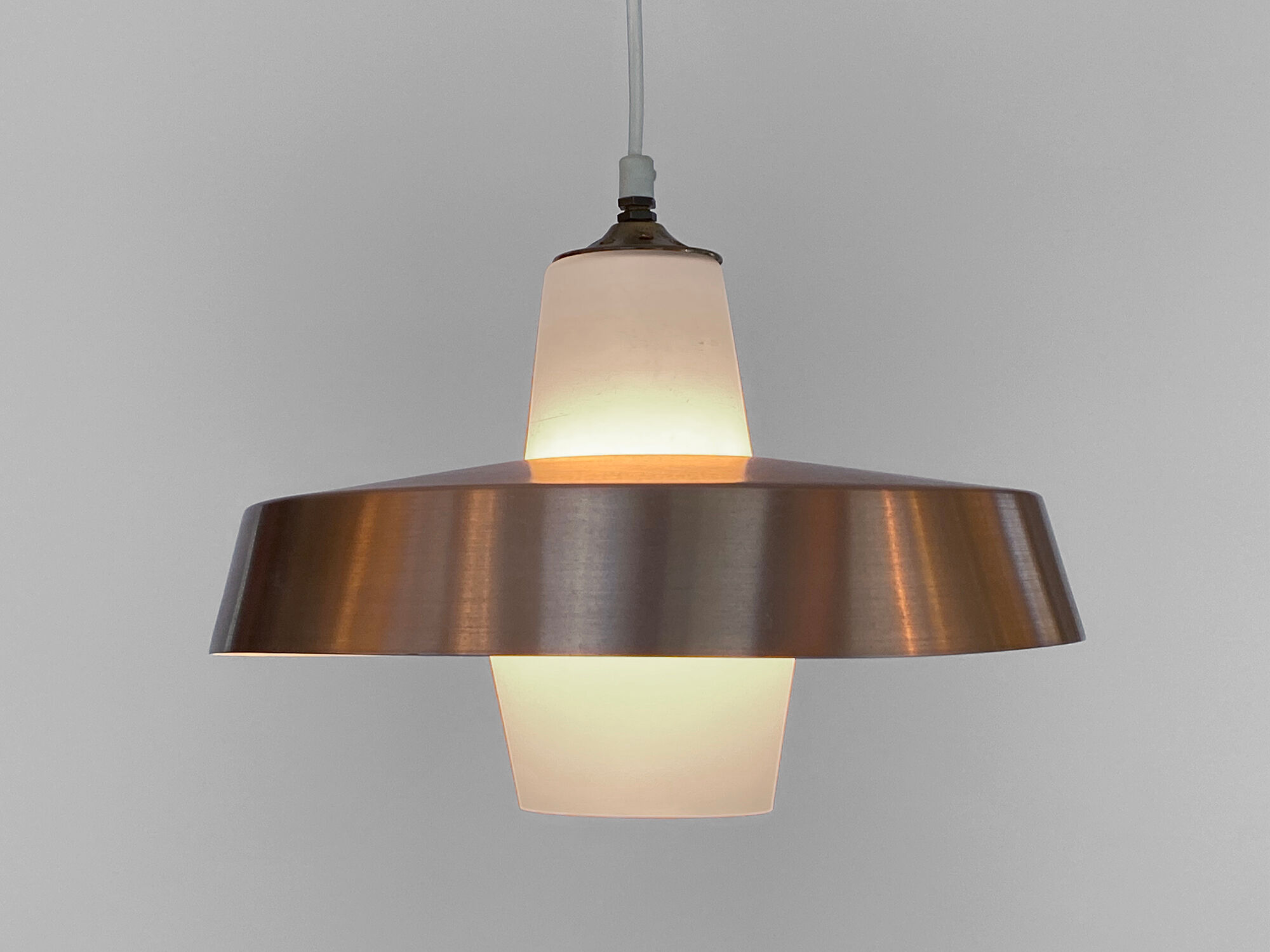 Pendant light in opaline glass with aluminum shade. Sweden 1960s