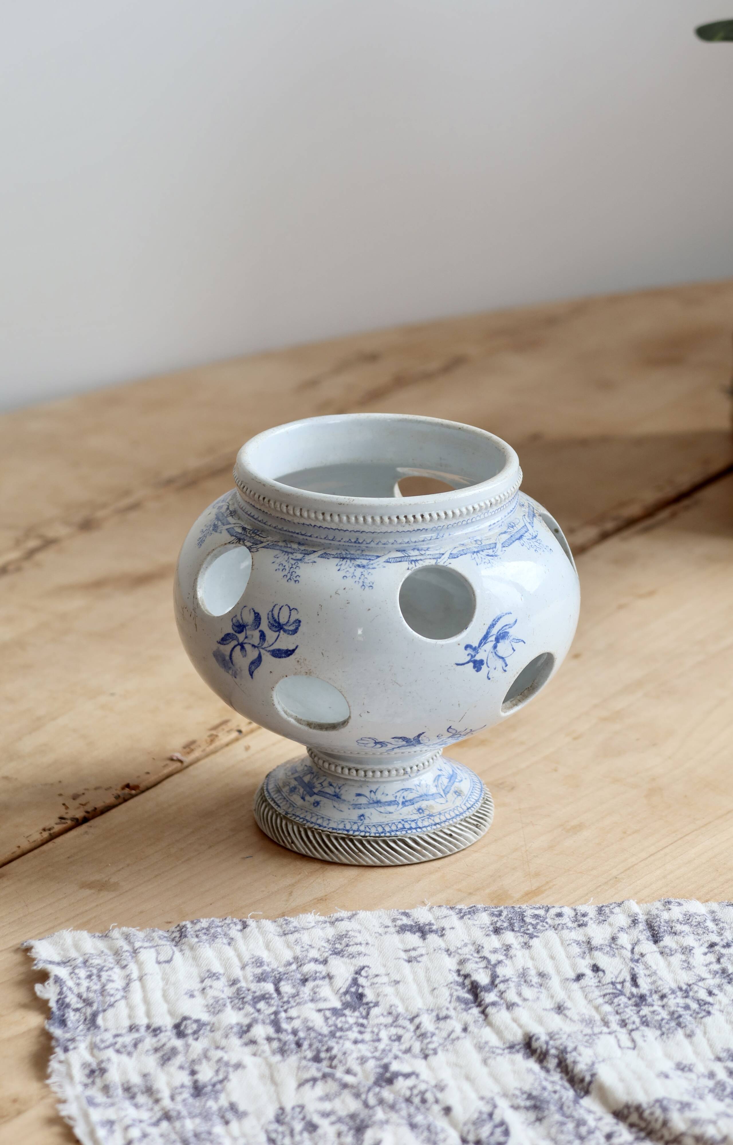 Old crocus pot in blue earthenware | Saint-Uze flower holder in REVOL style