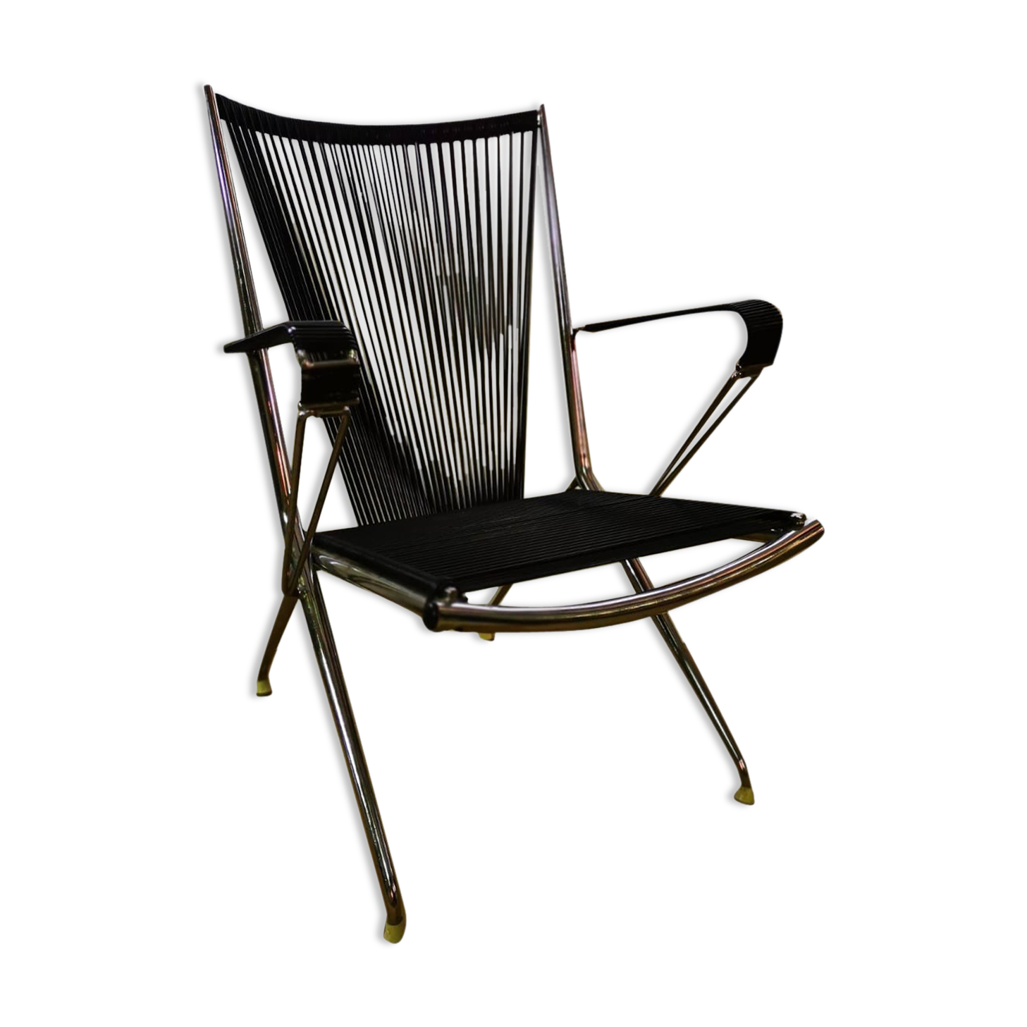 Chromed metal armchair with black scoubidous 1960
