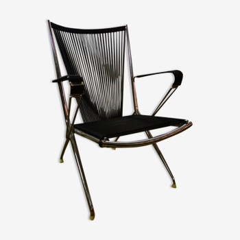 Chromed metal armchair with black scoubidous 1960