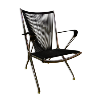 Chromed metal armchair with black scoubidous 1960