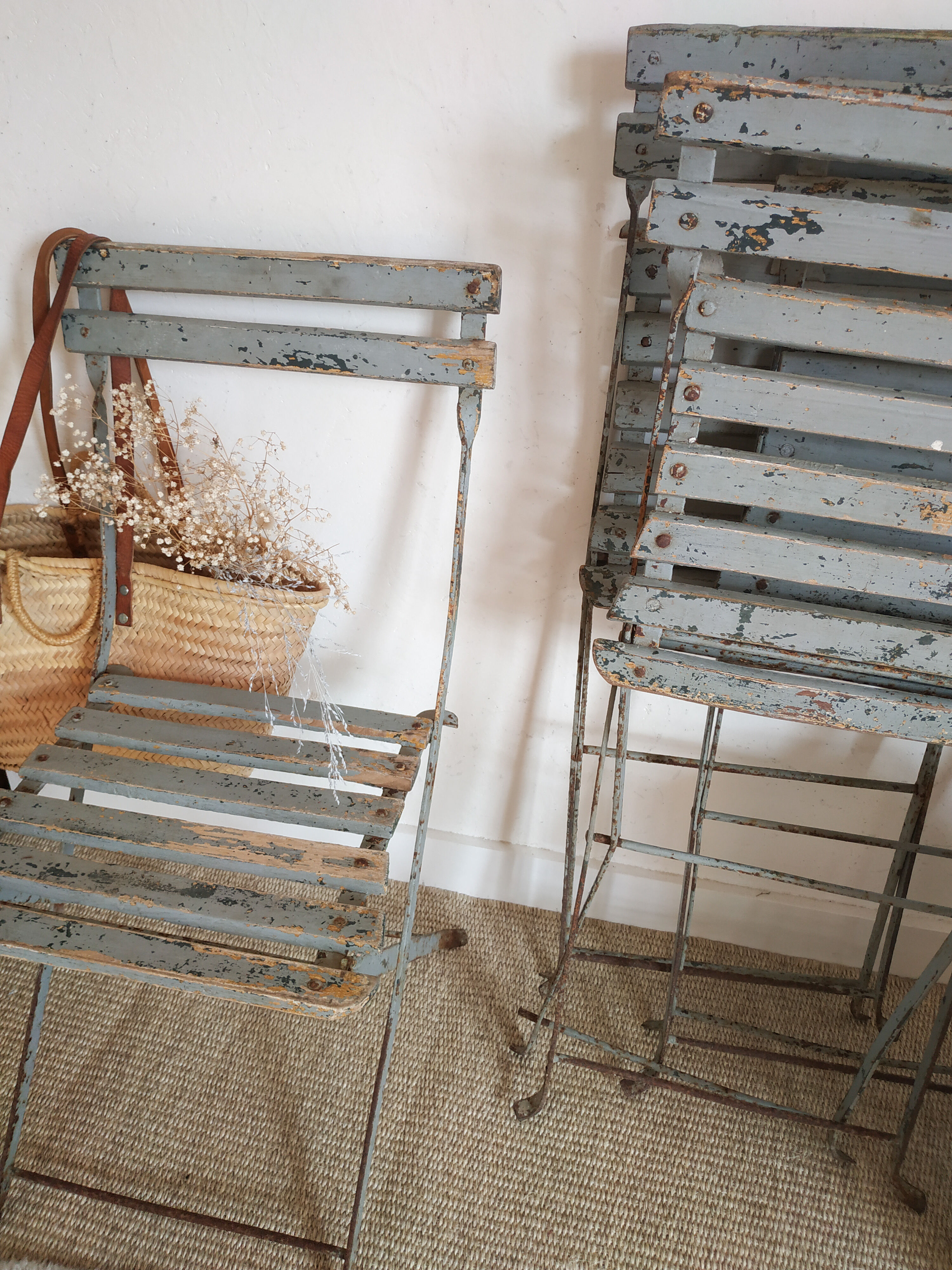 Patinated garden folding chairs - metal and wood -